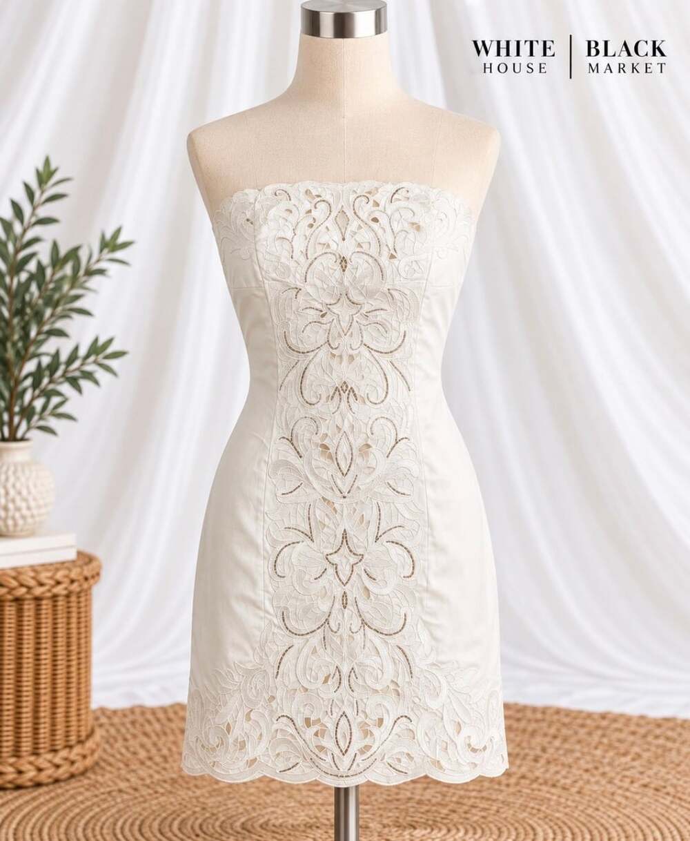 White House Black Market Strapless Embroidered Cutwork Dress 2 Ivory Bridal